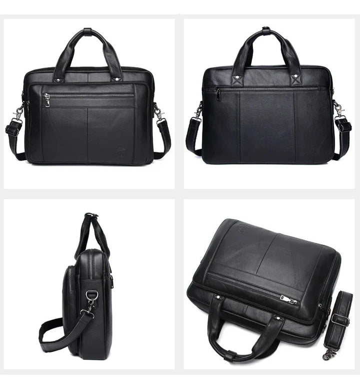 Détail du cuir grainé noir d'un sac homme professionnel, robustesse et finition soignée.