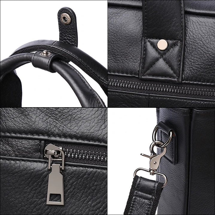 Sac en cuir noir pour homme porté épaule, style professionnel et moderne pour toute occasion.