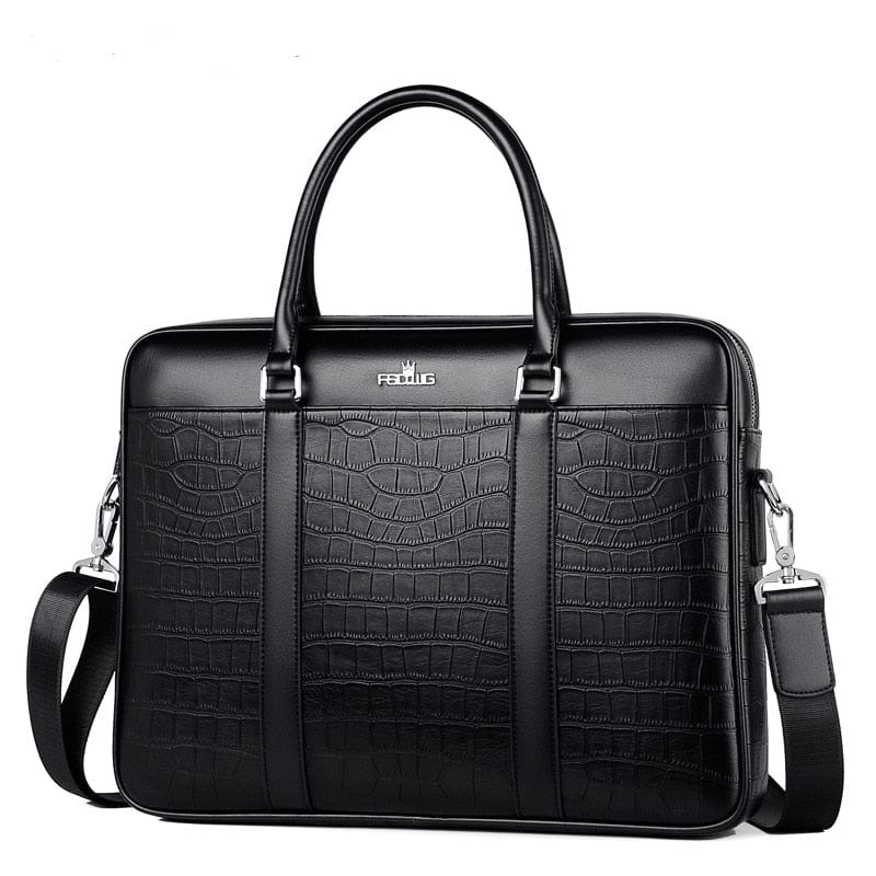 Grand sac à main noir motif crocodile, un portefeuille homme et accessoire essentiel.