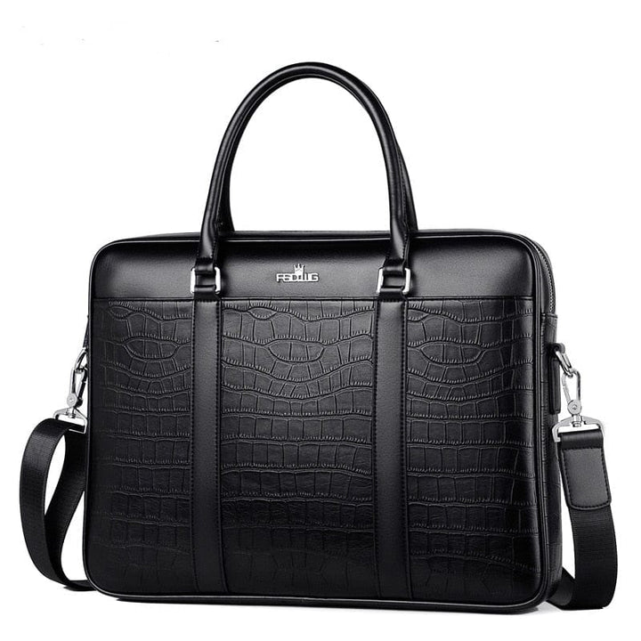 Grand sac à main noir motif crocodile, un portefeuille homme et accessoire essentiel.