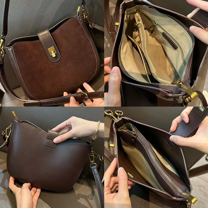 Sac en cuir élégant pour femme, porté épaule ou croisé, accessoire mode indispensable.