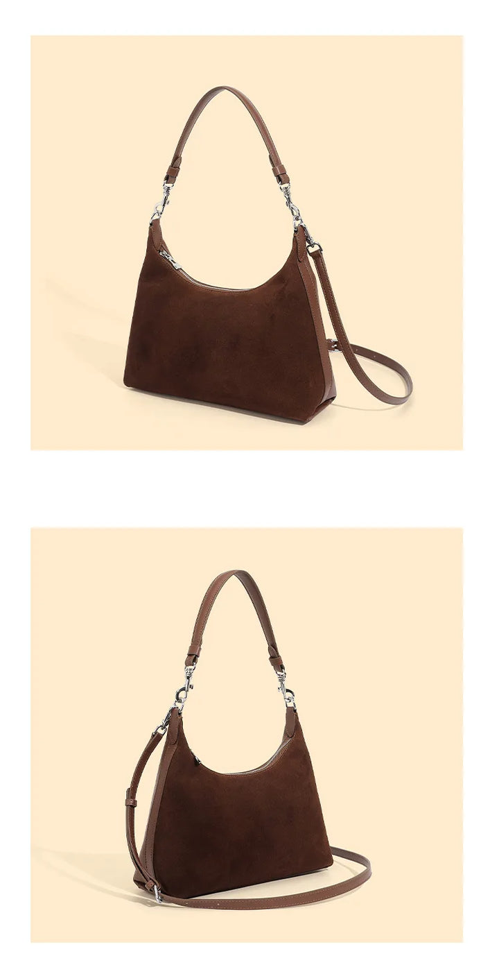 Sac à main élégant femme, bi-matière cuir & daim, tons café. Parfait pour une allure chic.
