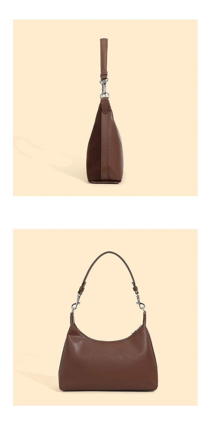 Sac à main femme en daim marron & cuir lie de vin. Style chic luxe, avec bandoulière.