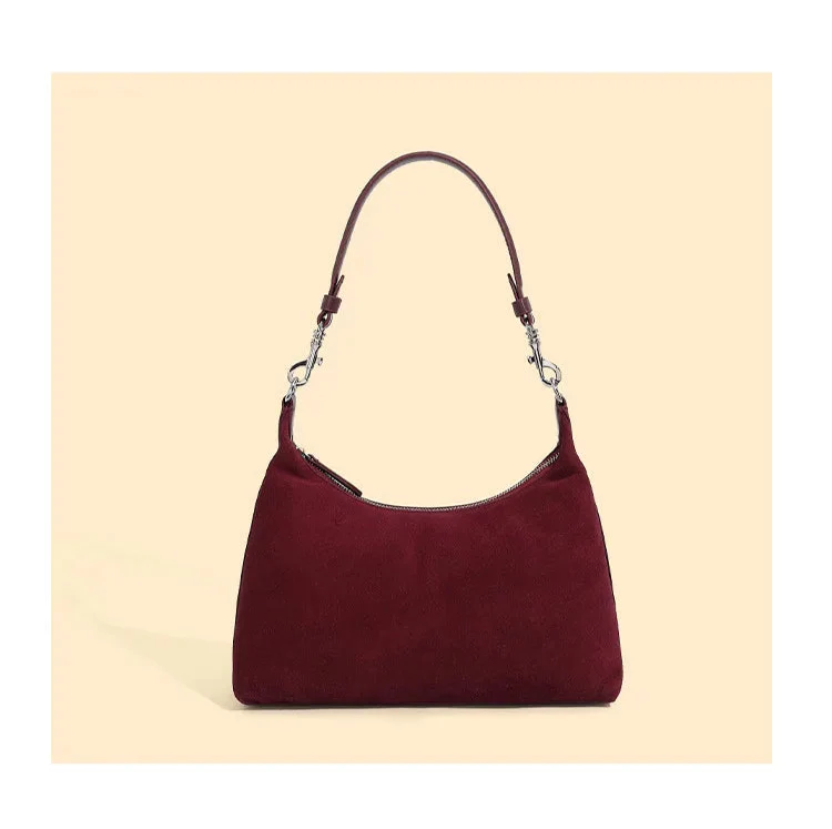 Sac à main bi-matière pour femme, cuir et daim. Élégant, couleur café/lie de vin.