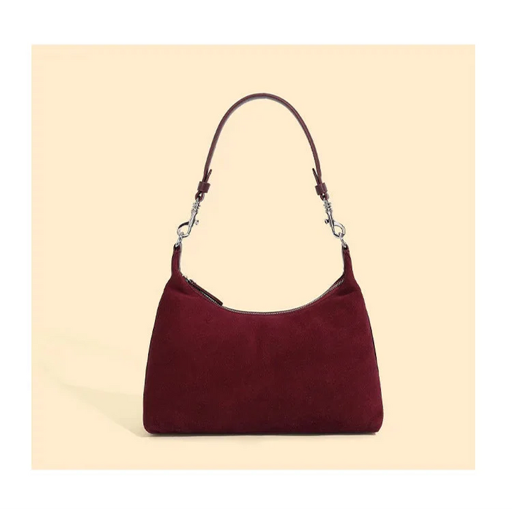Sac à main bi-matière pour femme, cuir et daim. Élégant, couleur café/lie de vin.