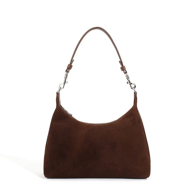 Sac à main femme de luxe en bi-matière cuir & daim, couleur café. Avec bandoulière.