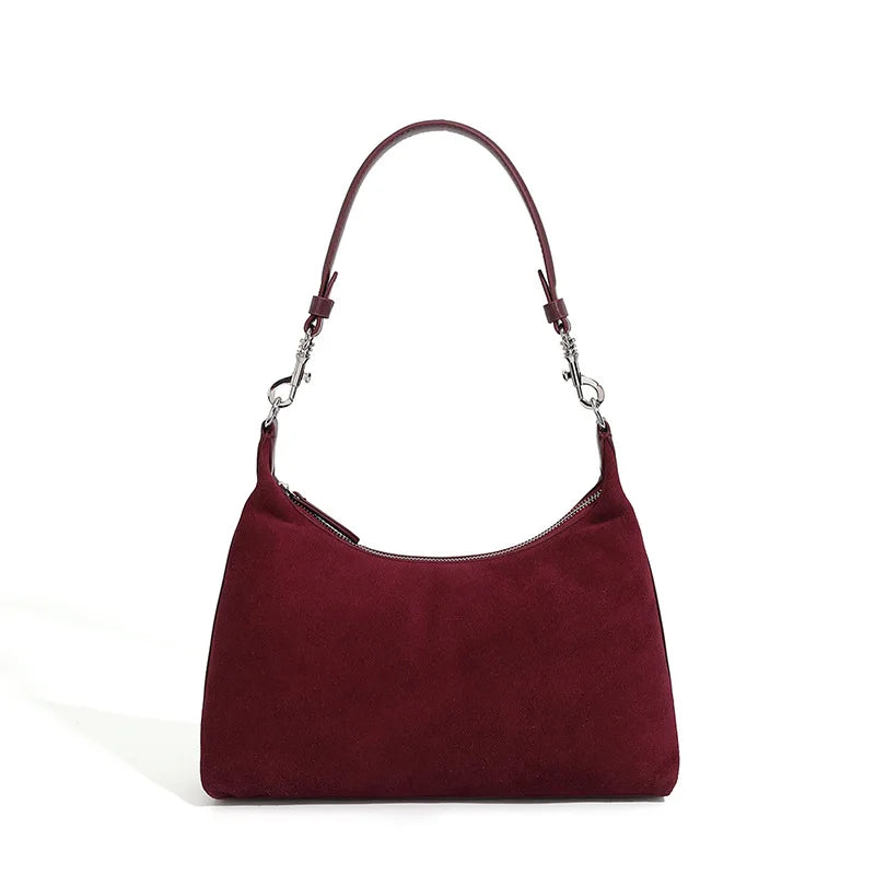 Sac à main chic femme en cuir & daim marron et lie de vin. Pour épaule ou bandoulière.