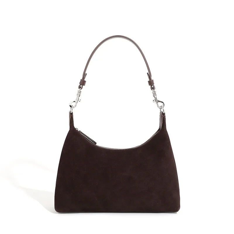 Sac à main élégant pour femme en daim marron & cuir lie de vin. Style luxe.