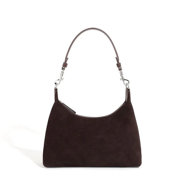 Sac à main élégant pour femme en daim marron & cuir lie de vin. Style luxe.
