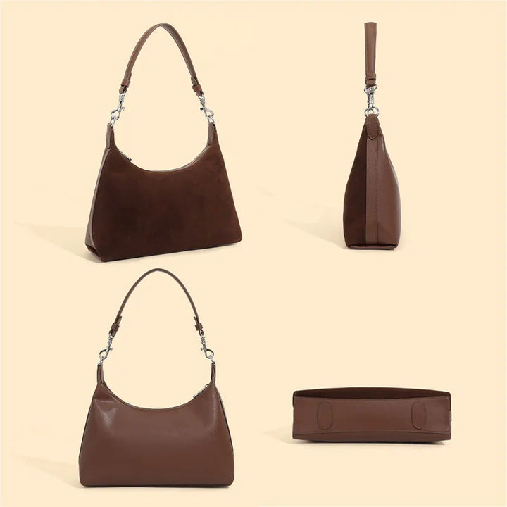 Sac à main femme bi-matière chic, cuir lisse & daim. Teintes café/lie de vin.