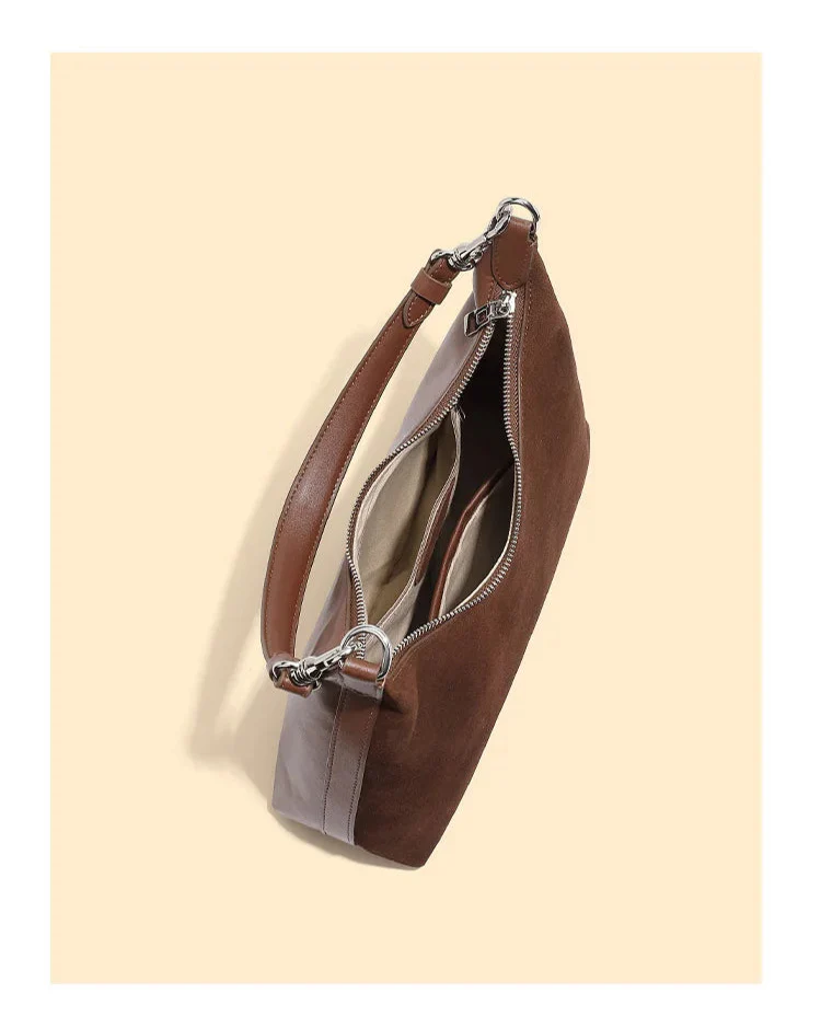 Sac à main femme à porter épaule, bi-matière luxe. Daim marron & cuir lie de vin.