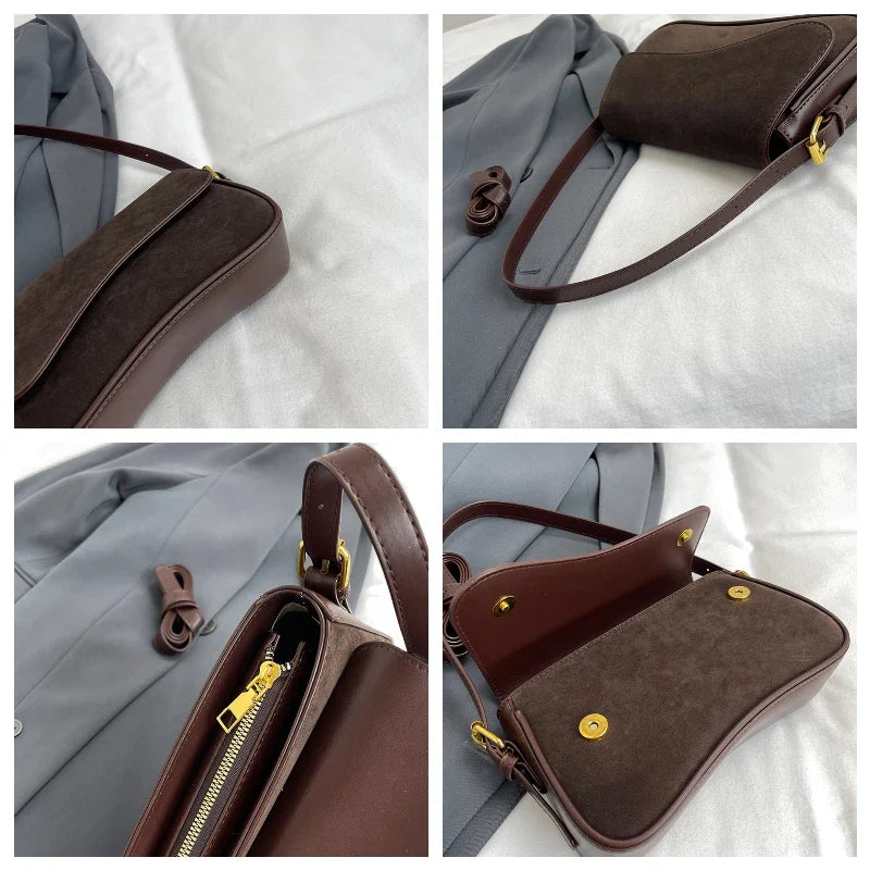 Sac à main noir chic pour femme en cuir véritable et daim. Élégance intemporelle garantie.