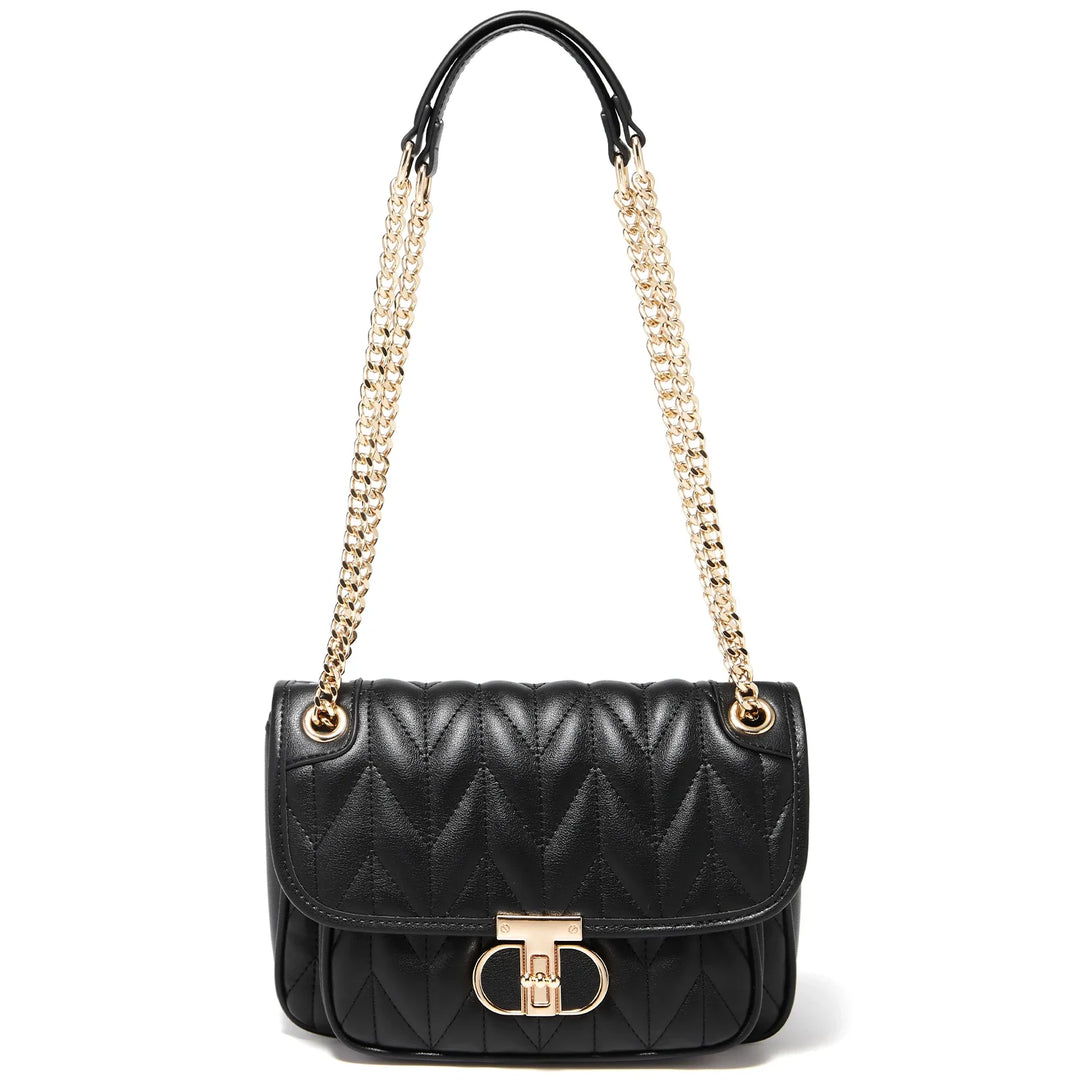 Sac carré matelassé pour femme, en cuir PU noir, avec chaîne dorée et fermoir élégant