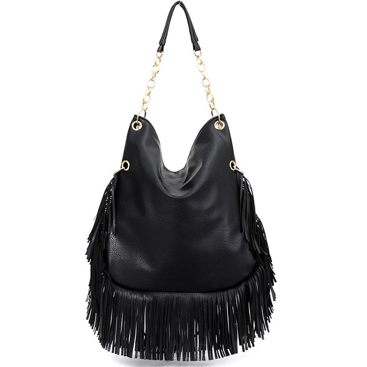 Sac à main femme tendance noir en cuir PU avec longues franges. Idéal pour un style rock chic assumé.