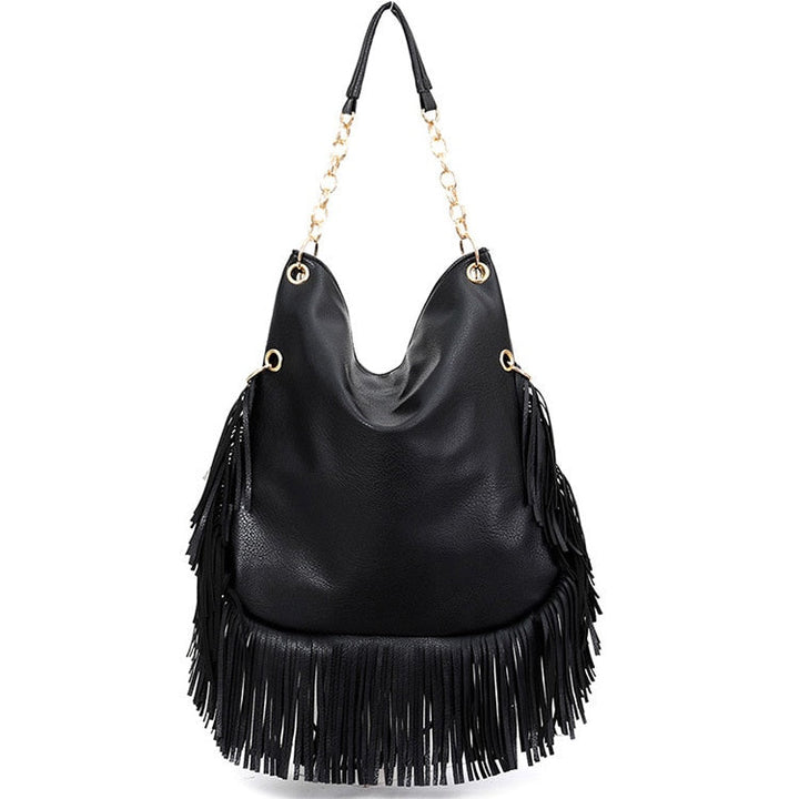 Sac à main femme tendance noir en cuir PU avec longues franges. Idéal pour un style rock chic assumé.