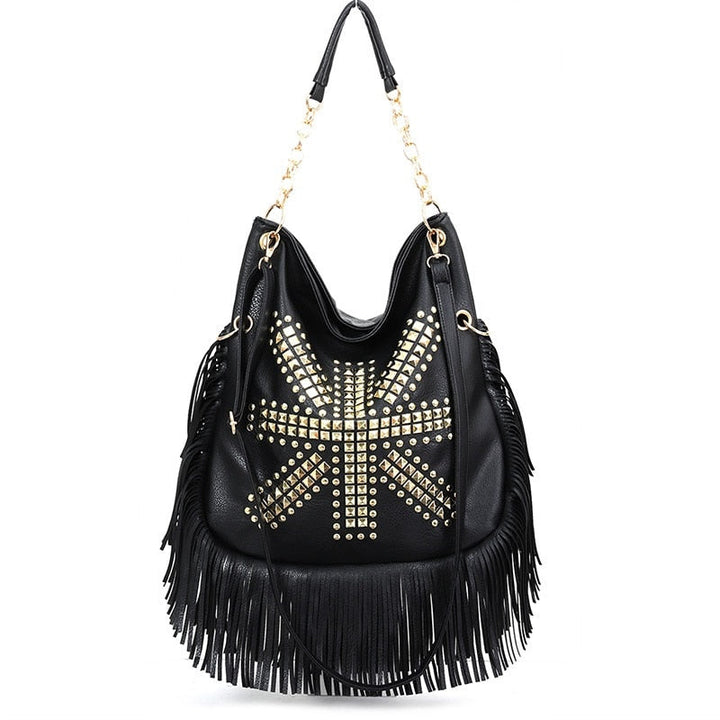 Sac à main noir à franges pour femme, en cuir PU souple. Style rock chic, bandoulière ajustable.