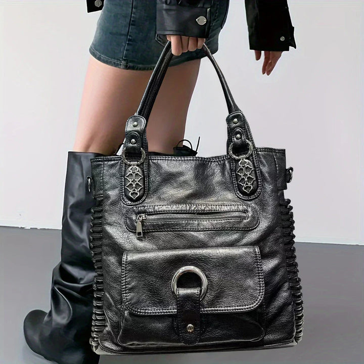 Sac à main noir élégant et solide pour femmes, idéal cours & travail. Matière synthétique.