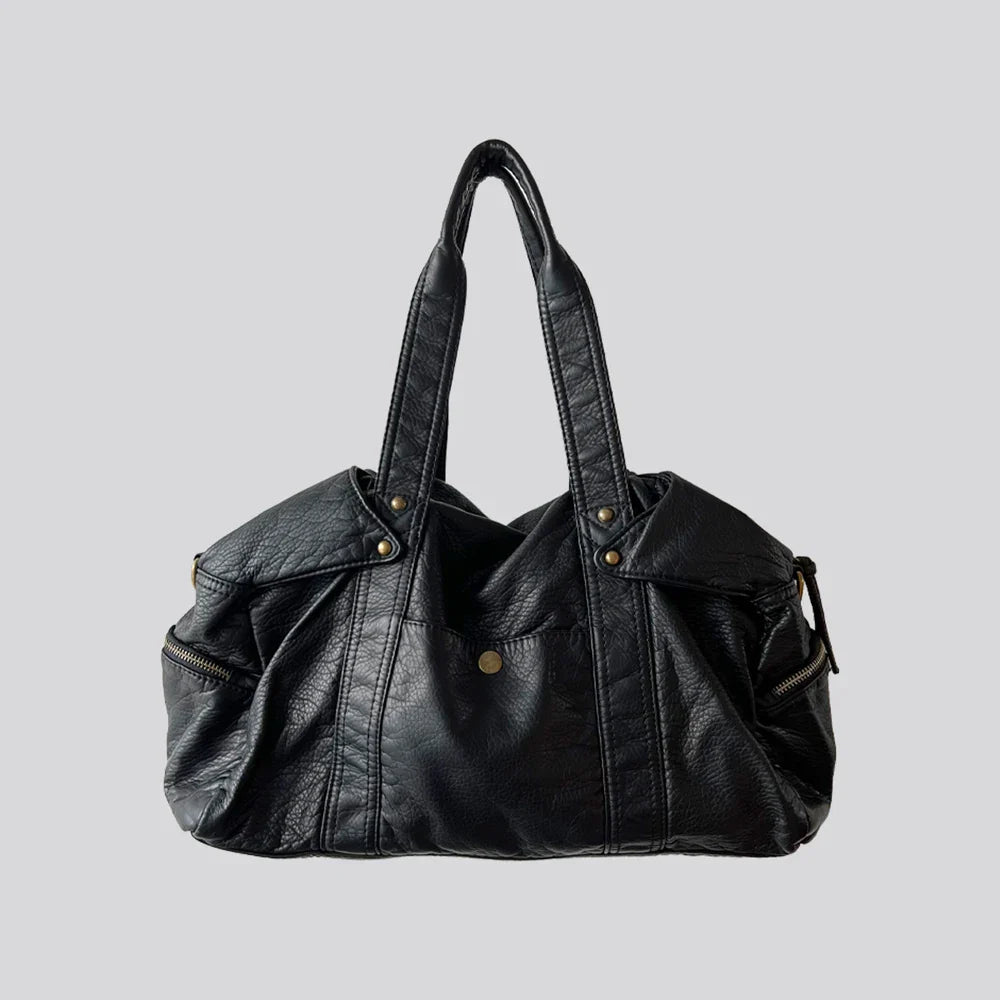 Sac à main noir élégant femme, idéal étudiante. Cuir synthétique style vintage, grand et pratique pour les cours.