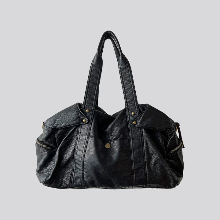 Sac à main noir élégant femme, idéal étudiante. Cuir synthétique style vintage, grand et pratique pour les cours.