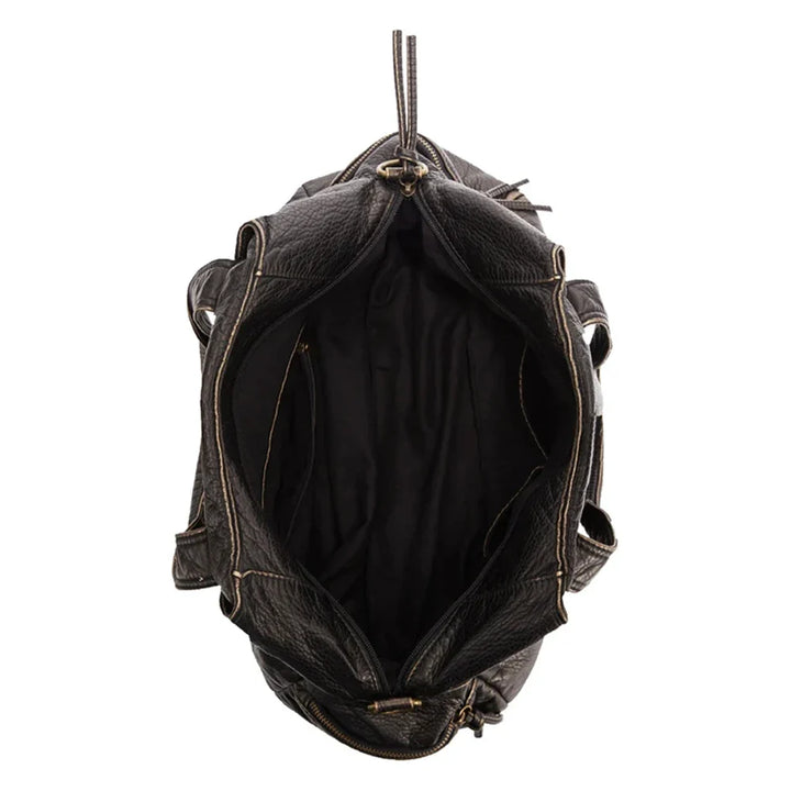 Sac à main noir polyvalent pour femme et étudiante. Grand format en cuir synthétique, porté épaule ou bandoulière.