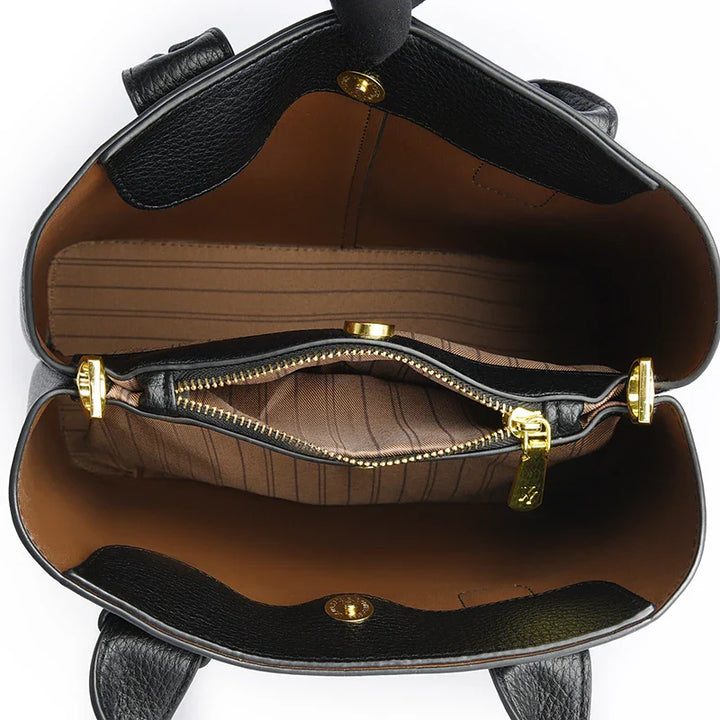 Élégant sac à main femme noir en cuir vegan, polyvalent, avec bandoulière amovible.