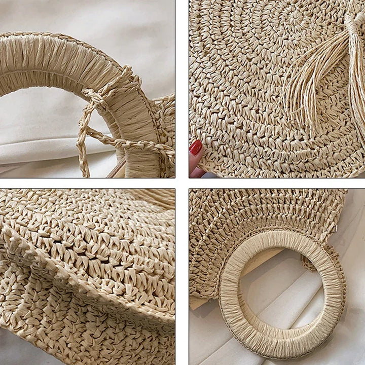 Sac à main panier en paille tressée, avec des anses confortables, accessoire chic estival pour femme.