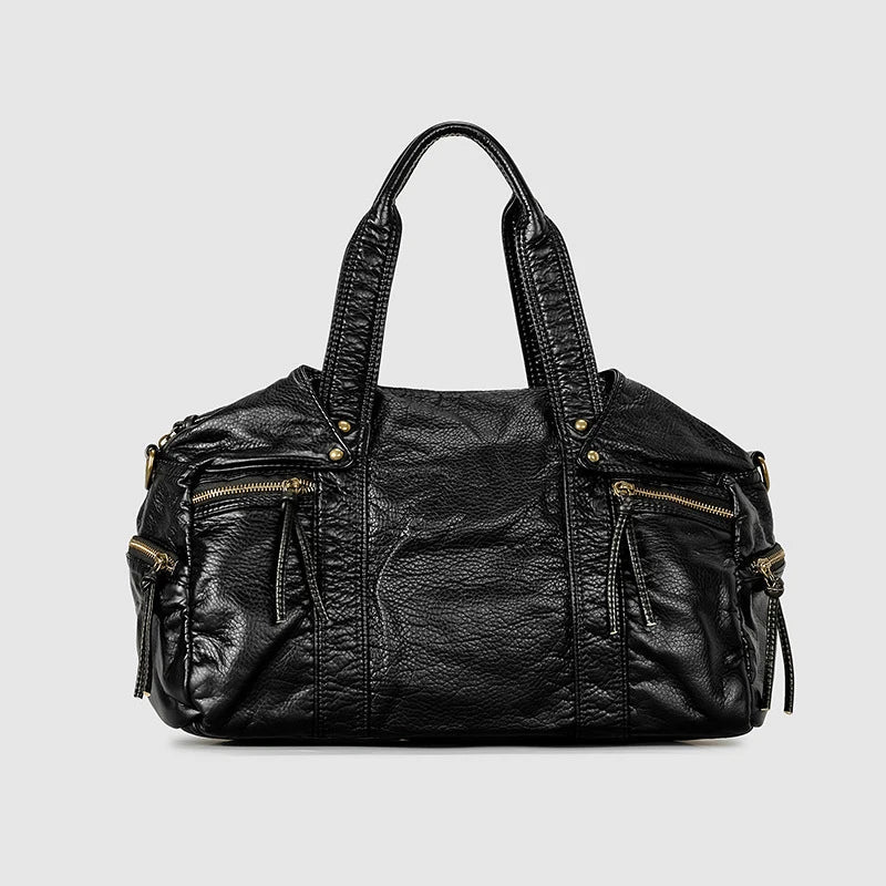 Sac cabas rétro noir en cuir PU souple, avec anses pour l'épaule. Parfait pour un style vintage chic.