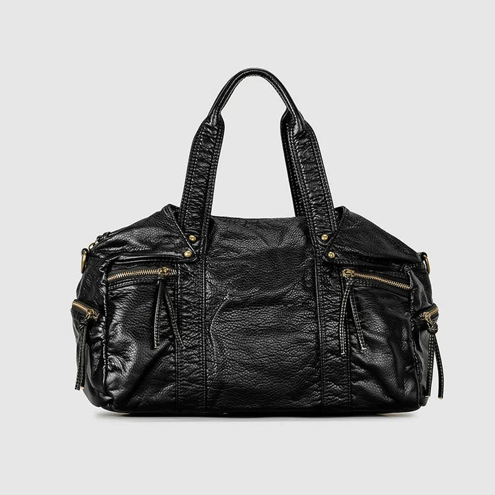 Sac cabas rétro noir en cuir PU souple, avec anses pour l'épaule. Parfait pour un style vintage chic.