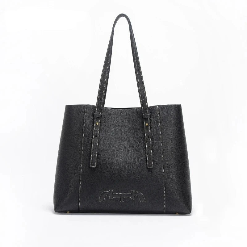 Sac Olympe noir élégant pour femme en cuir synthétique, style cabas, vue frontale, idéal pour les cours.