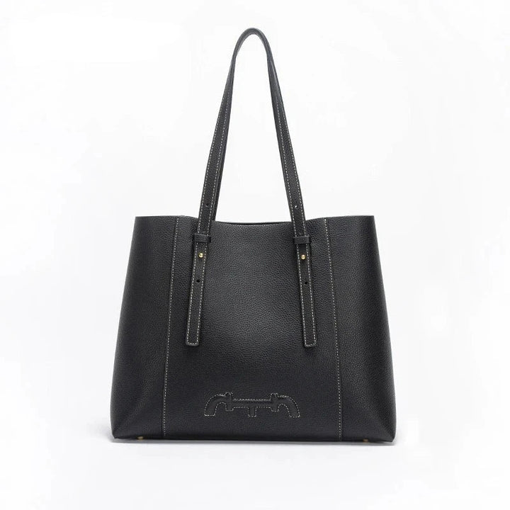 Sac Olympe noir élégant pour femme en cuir synthétique, style cabas, vue frontale, idéal pour les cours.