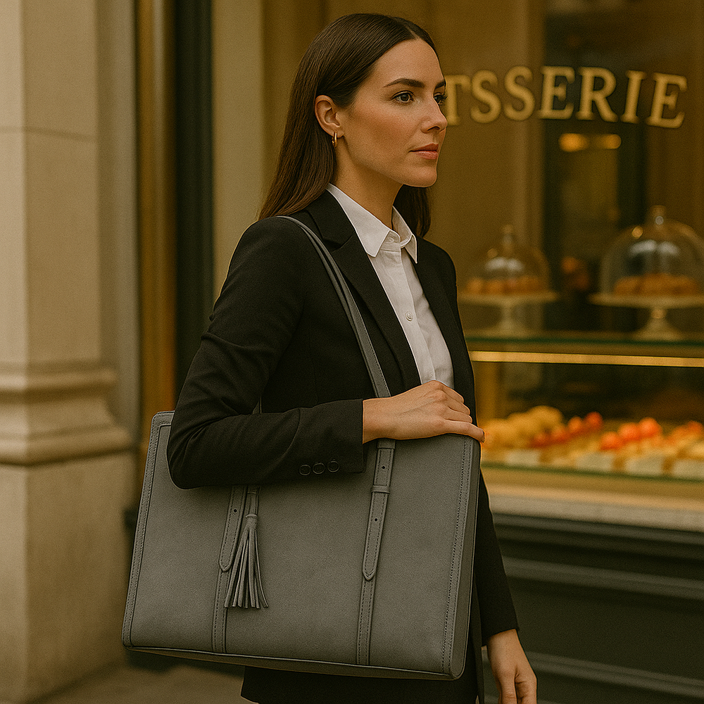 Élégant sac cabas pour ordinateur portable, en cuir vegan orange, parfait accessoire bureau femme.