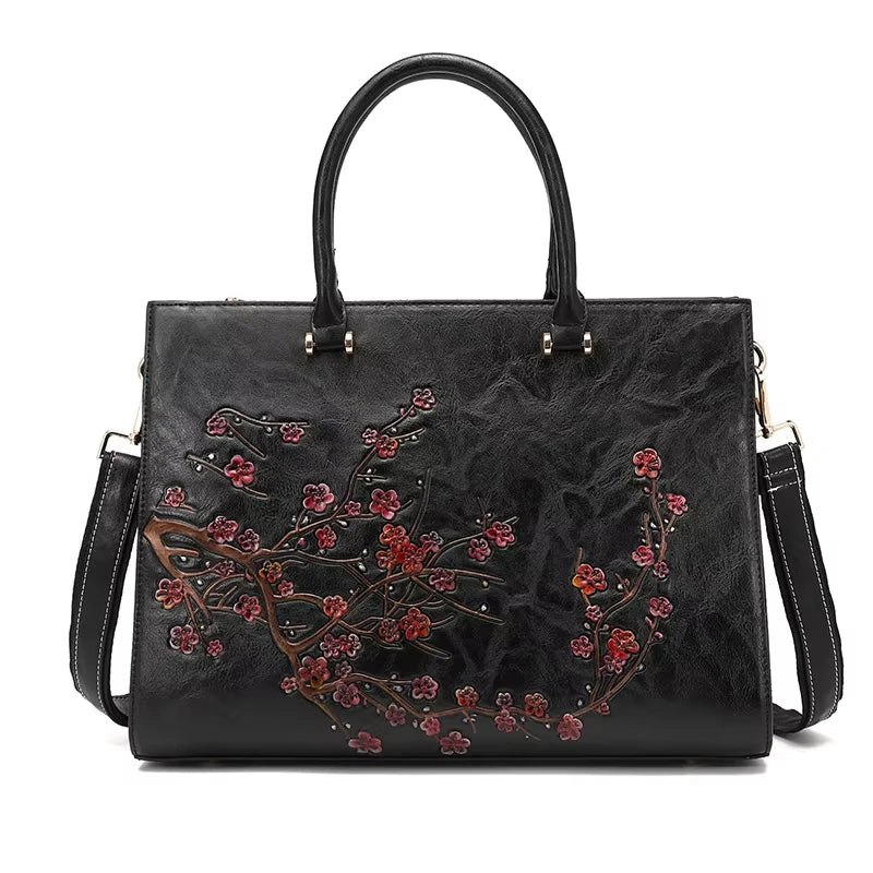 Sac ordinateur femme en cuir vegan floral élégant, idéal pour le travail quotidien