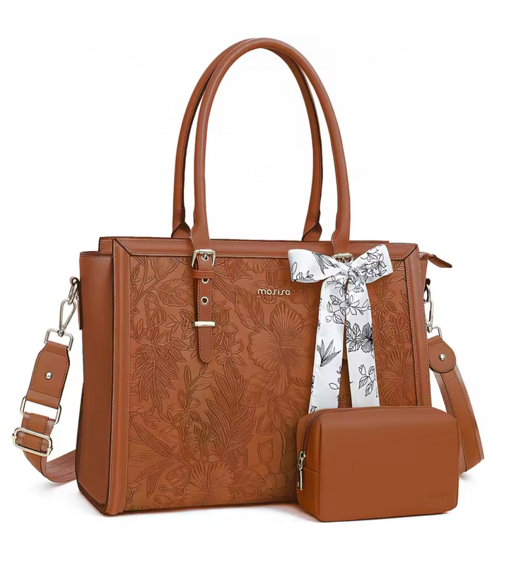 Sac ordinateur femme élégant en cuir PU camel, 15 pouces, parfait pour le travail et le business, avec bandoulière.