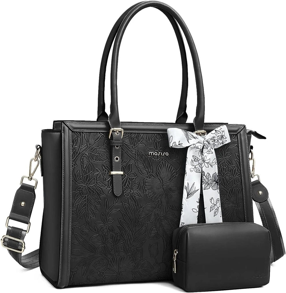 Sac ordinateur femme noir en cuir PU, 17 pouces, fonctionnel pour documents et PC portable, un accessoire professionnel.