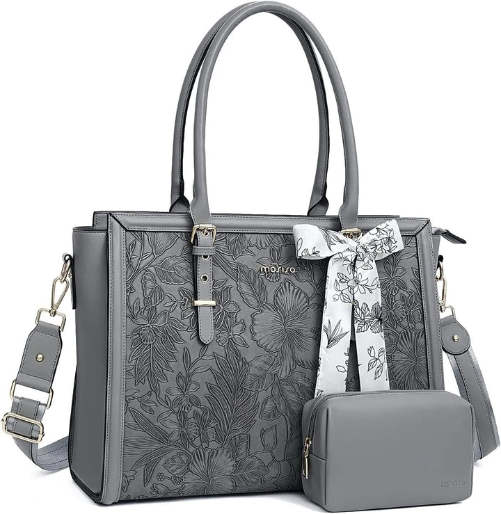 Sac business femme gris en cuir PU, compartiments organisés, idéal pour ordi 15-17 pouces, style intemporel.