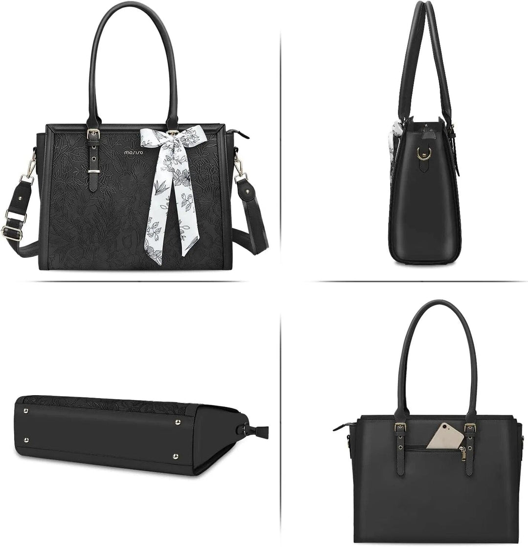 Sac ordinateur femme élégant en cuir PU gris, porté à l'épaule, accessoire mode et pratique pour le bureau.
