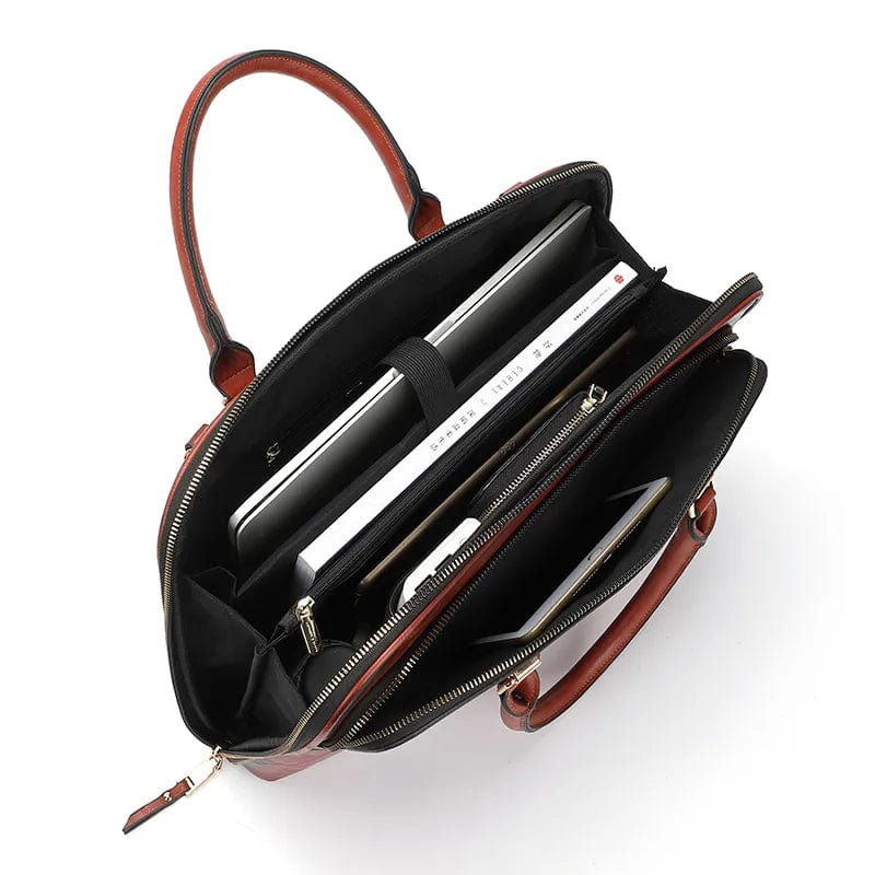 Sac business Ximena vert, cuir fendu, agencement intérieur fonctionnel pour PC et accessoires, bandoulière.