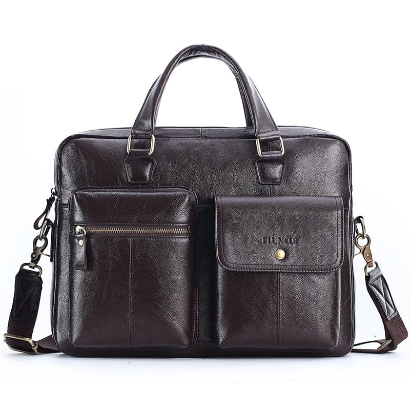 Sac ordinateur en cuir grainé, idéal comme maroquinerie homme et accessoire professionnel, couleur cognac.