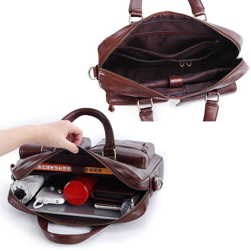 Sac portable homme polyvalent en cuir, avec bandoulière réglable, idéal pour le travail ou les déplacements.