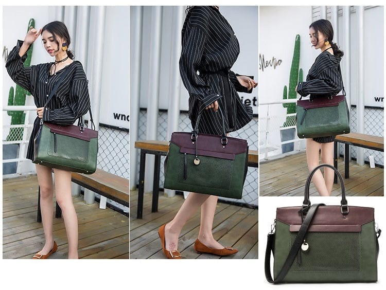 Sac ordinateur femme Mathilde en faux cuir vert, design moderne et espace optimisé pour le bureau.