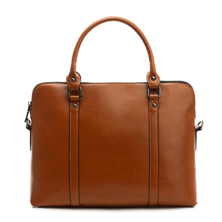 Accessoire professionnel: sac femme en cuir véritable marron, parfait pour ordinateur portable.