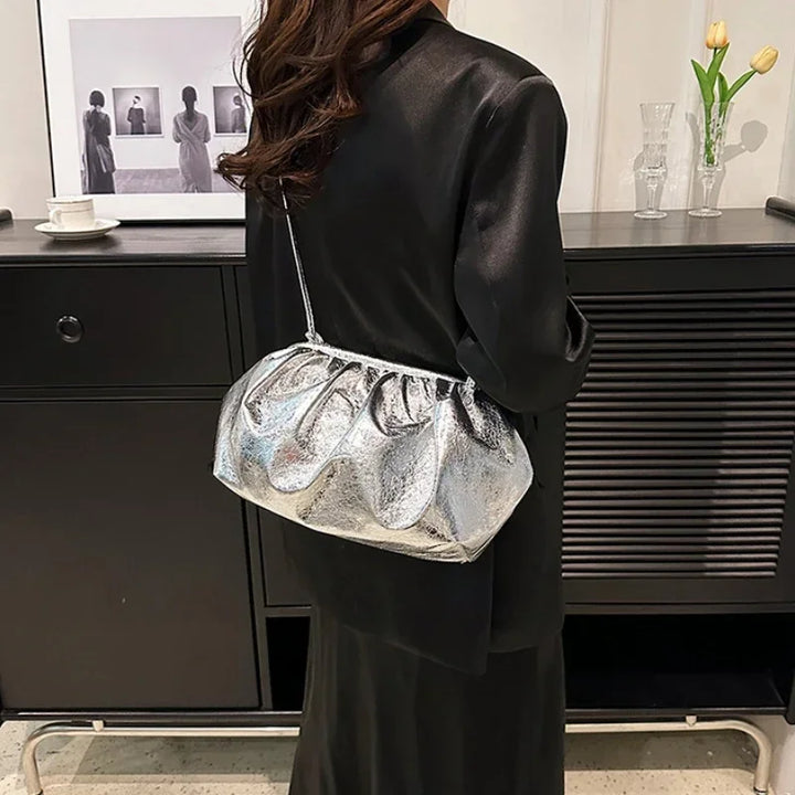 Sac pochette de soirée argenté, élégant et glamour pour femmes, en cuir PU avec bandoulière
