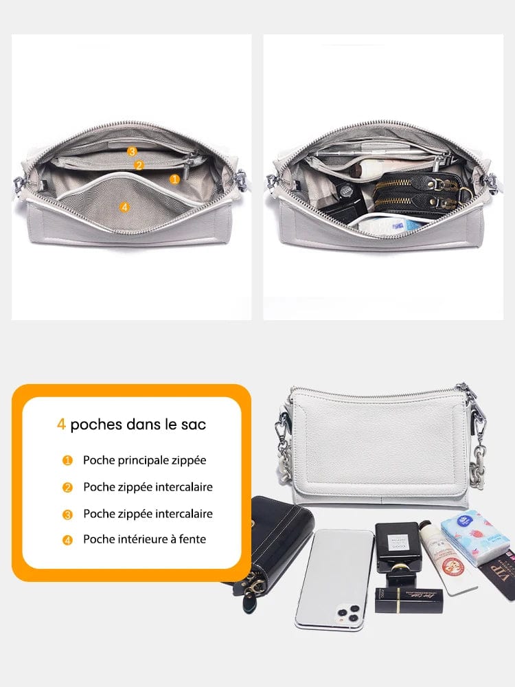 Sac bandoulière Sarah en cuir de veau, finition lisse, parfait pour une sortie élégante et discrète.