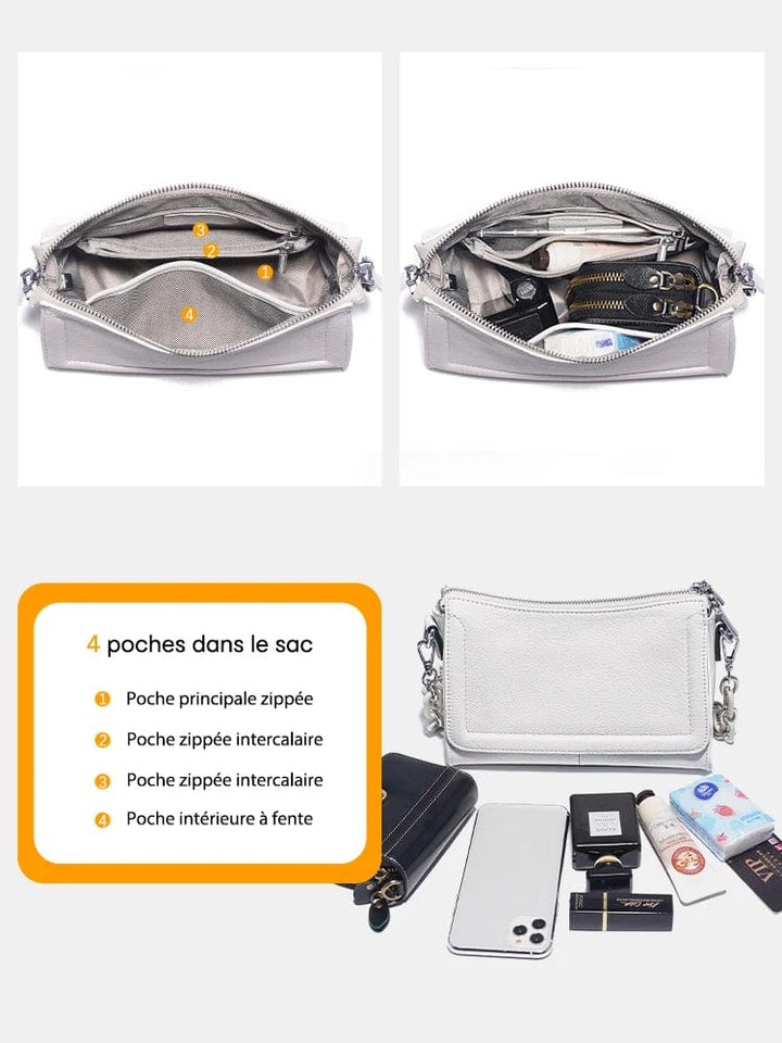 Sac bandoulière Sarah en cuir de veau, finition lisse, parfait pour une sortie élégante et discrète.