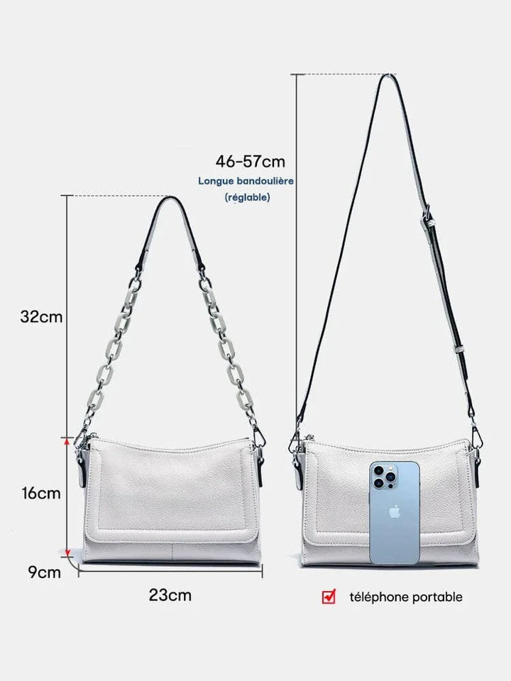 Sac en cuir véritable Sarah pour femme, couleur camel, avec poignée supérieure et bandoulière amovible.