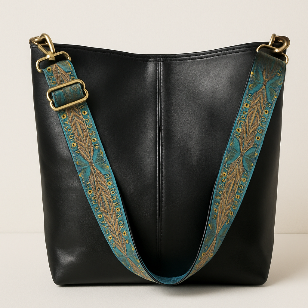 Sac seau femme chic en cuir vegan avec bandoulière brodée style bohème, parfait pour le quotidien.