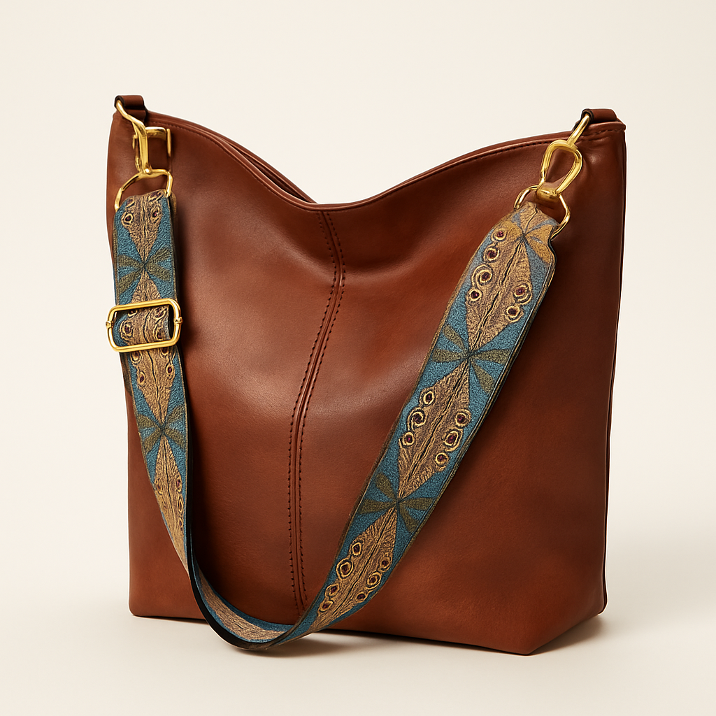 Sac à main seau élégant pour femme en cuir vegan, doté d'une bandoulière brodée distinctive. Idéal pour un look chic.