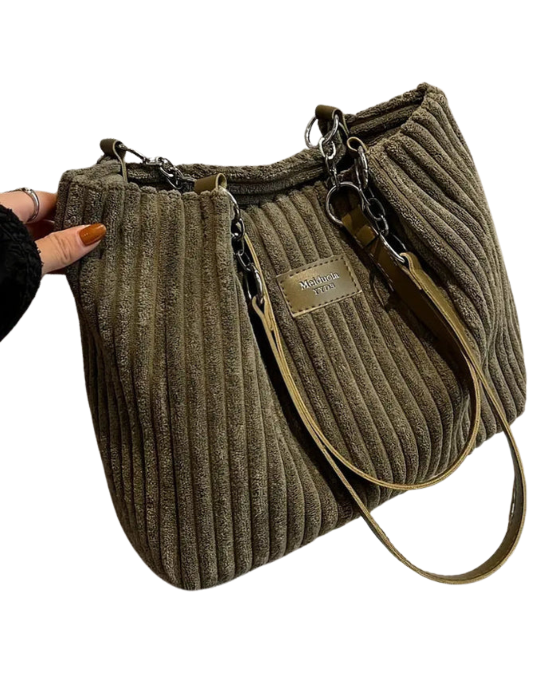 Sac shopper femme en velours côtelé élégant, idéal pour le quotidien. Grande capacité et design mode.