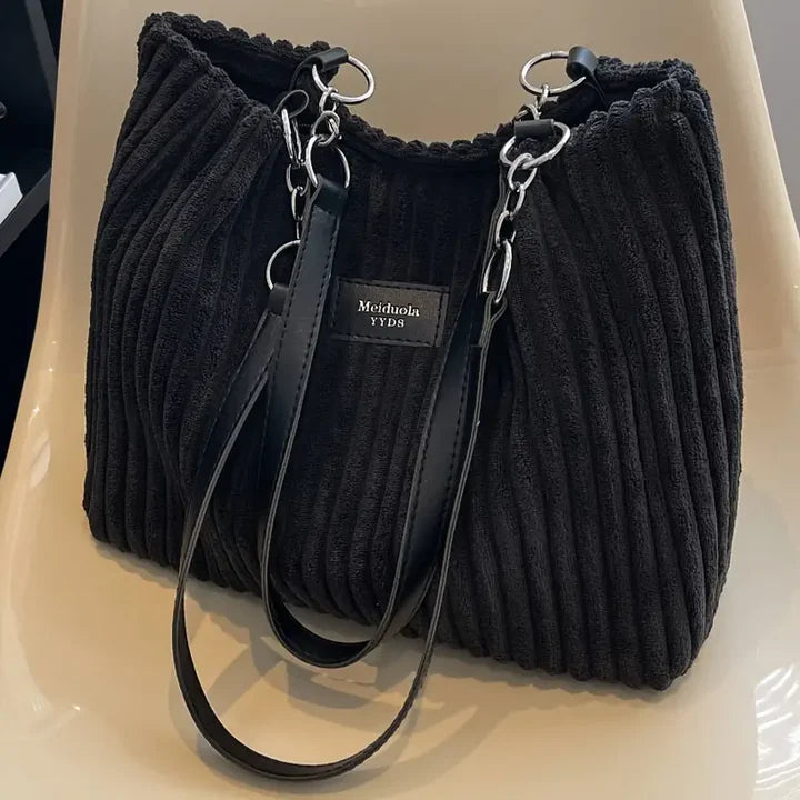 Sac bandoulière shopper vert en velours côtelé pour femme, spacieux, élégant et tendance.