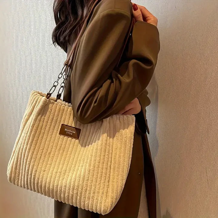 Sac femme en velours côtelé texture chic, sac shopper élégant et pratique de grande capacité.